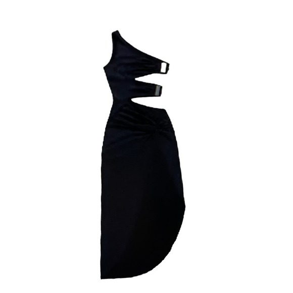 Midi Dress Black Side Slit Cutouts One Shoulder Asymmetrical Stretch Size M or 6 - Picture 4 of 12